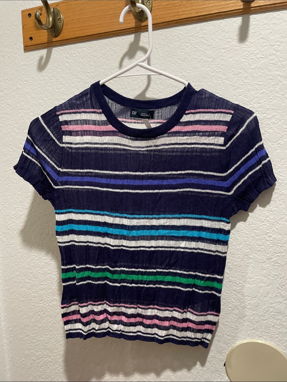 GAP Navy Short Sleeve Ribbed Top with Multicolor Stripes